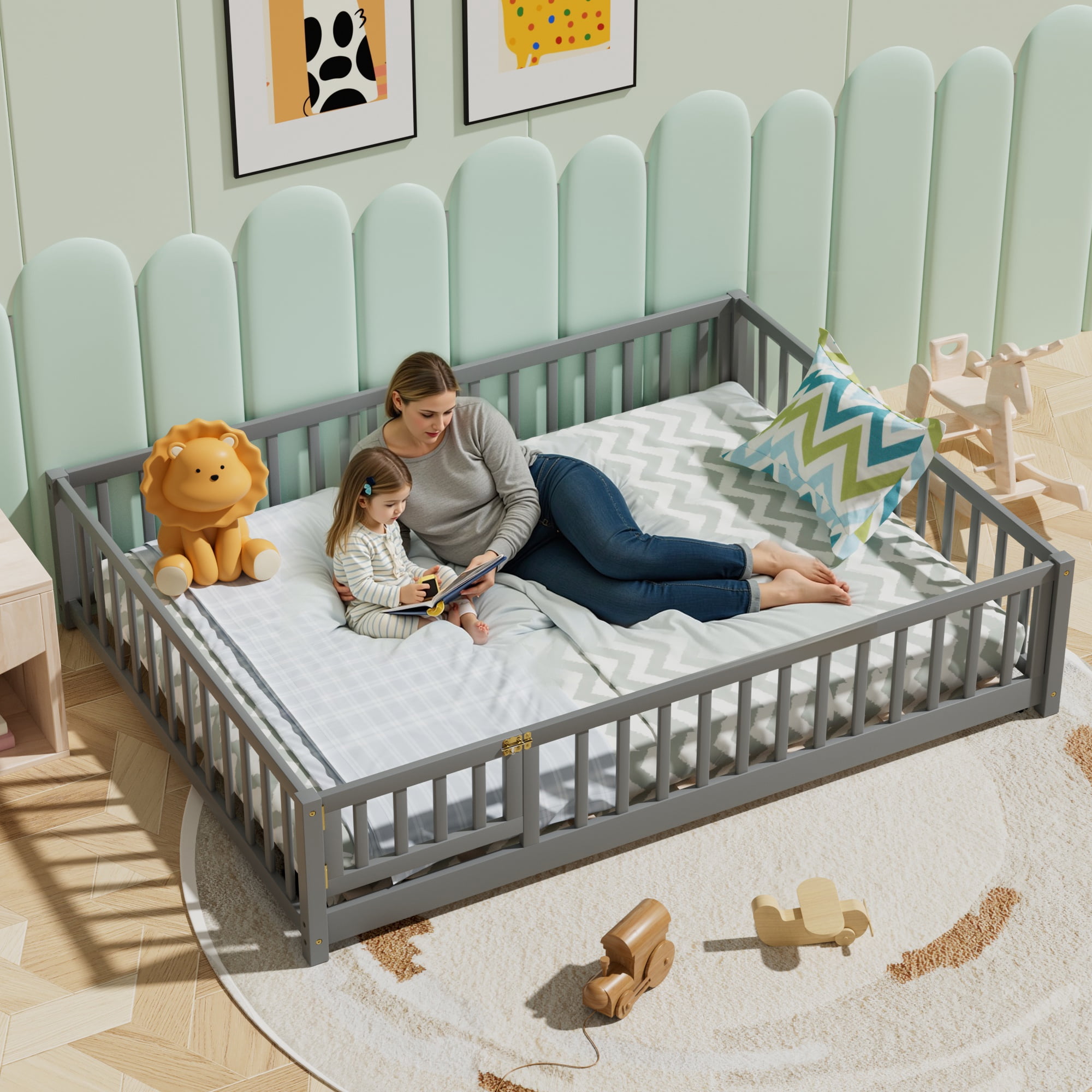 Full Floor Bed Frame for Toddler, Montessori Floor Bed with Fence and Wood Slats, Low Wood Platform Beds for Girls Boys Kids Happy Time, Gray