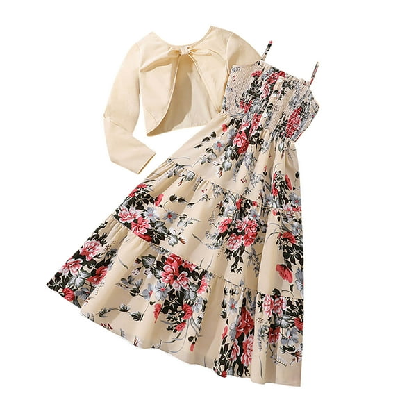 WRKEKC Girls Winter Outfits Print Spaghetti Strap Dress and Long Sleeve Open Front Cardigan 2 Piece Dress Set for Girls 8 - 12 Years