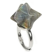 Crystal Quartz Carved Natural Gemstone Merkaba Star Ring 25mm Adjustable Stacking Ring Gift For Her (Adjustable size:8 to 12)
