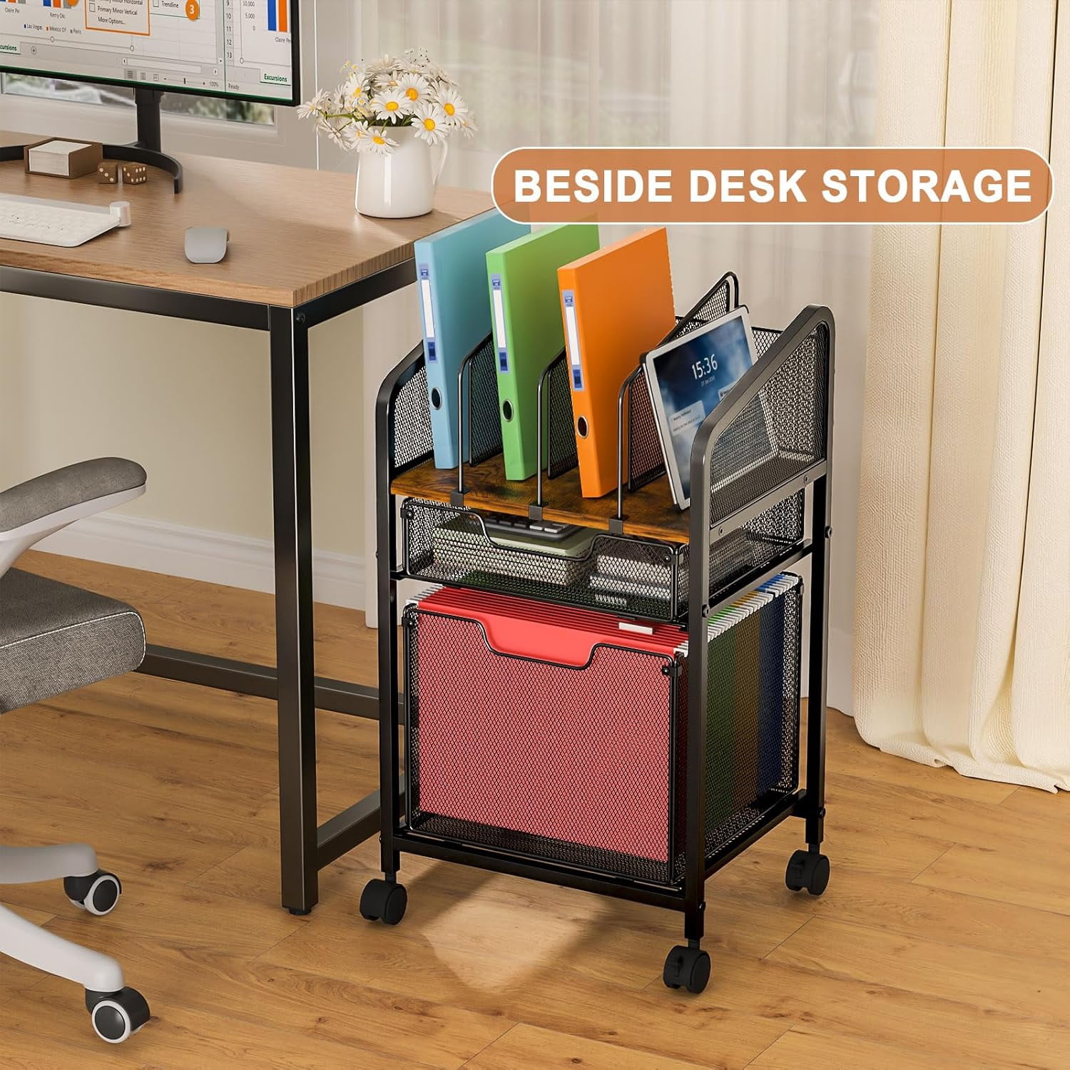 Rolling File Cabinet with Adjustable Dividers, Mobile Filing Cabinet with Storage Drawer on Lockable Wheels, Hanging File Organizer Beside Under Desk for Office, Home