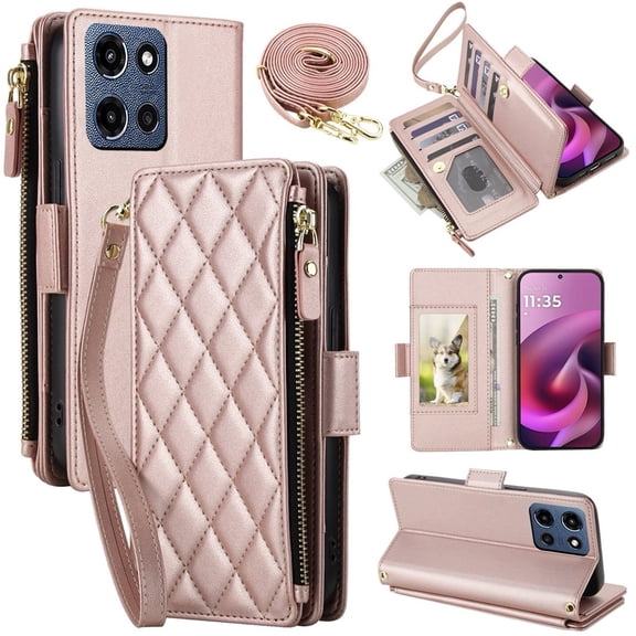 For Motorola Moto G Play 5G 2026 RFID Blocking Wallet Case, Crossbody Purse Phone Case with 9 Card Slots, Zipper Pocket & Detachable Strap,Rose Gold,For Moto G Play 5G 2026