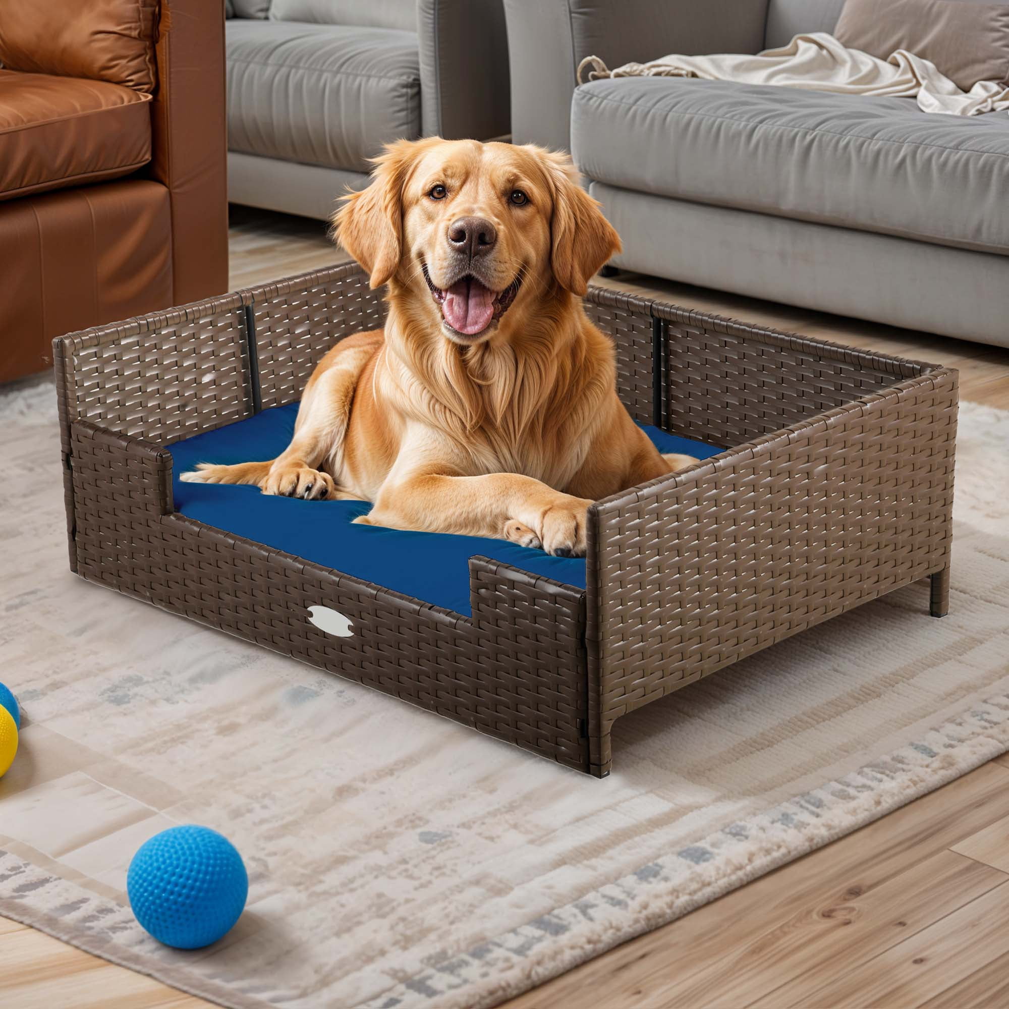 Uforic Rattan Dog Sofa Bed with Blue Cushion,Wicker Pet Bed Sofa Indoor Outdoor,All-weather Protection, Brown&Blue,34.6"L x 23.6"W x 11.8"H