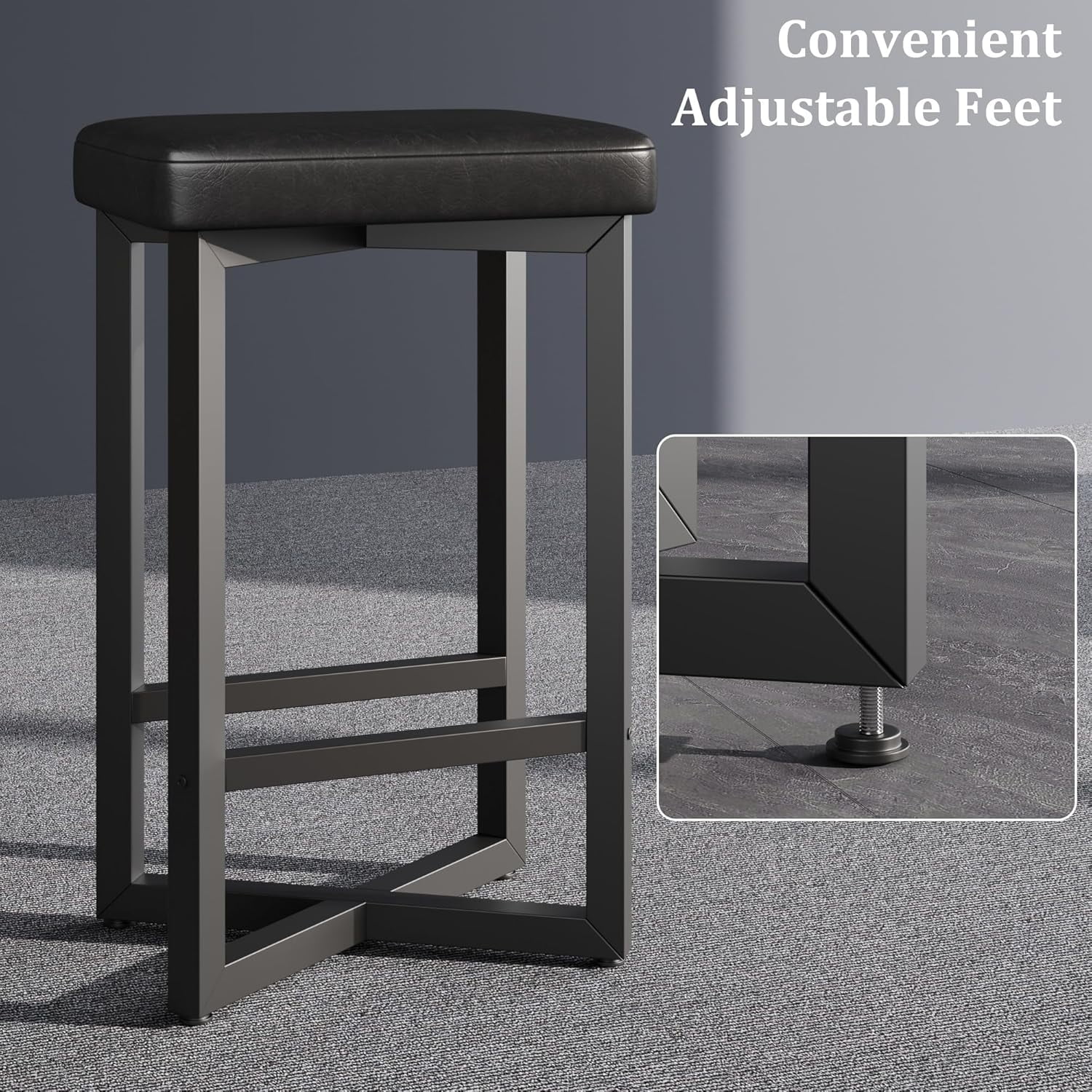 Towallmark Bar Stools Set of 2, 24.6" Counter Height Backless Barstools, Upholstered PU Leather Seats with Metal X-Frame & Footrest, Modern Kitchen Stools for Home Bar, Dining Room, Black