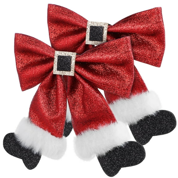 FRCOLOR-Red Ribbon Hair Bows 2Pcs Glitter Sparkly Christmas Santa Claus Decor Hair Clip Barrettes Holiday Party Dress for Girls Xmas Gift