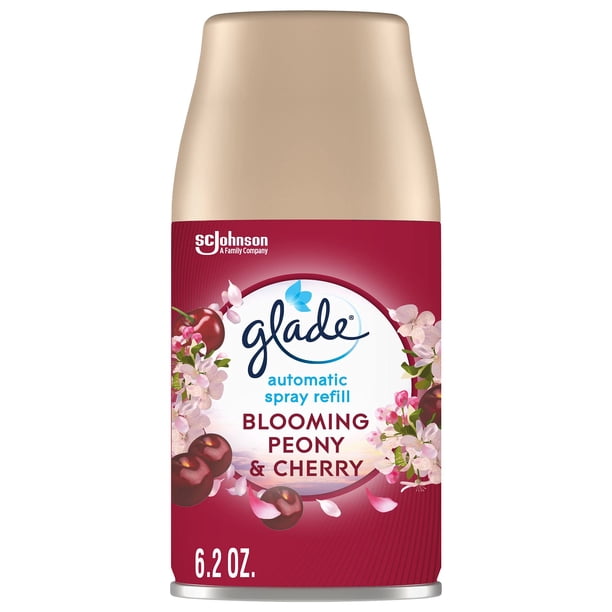 Recambio automático en aerosol Glade para ambientador con forma de peonía y cereza en flor