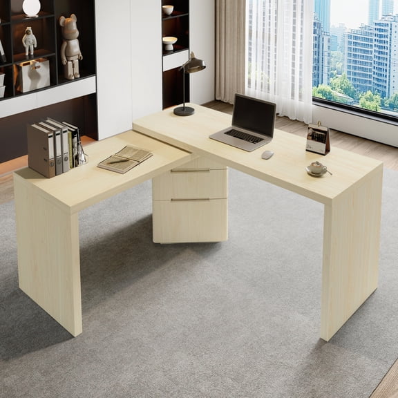 90" Modern L-Shaped Walnut Desk 360° Rotating Corner Executive Desk with 3 Drawers for Home Office,Natural Wood