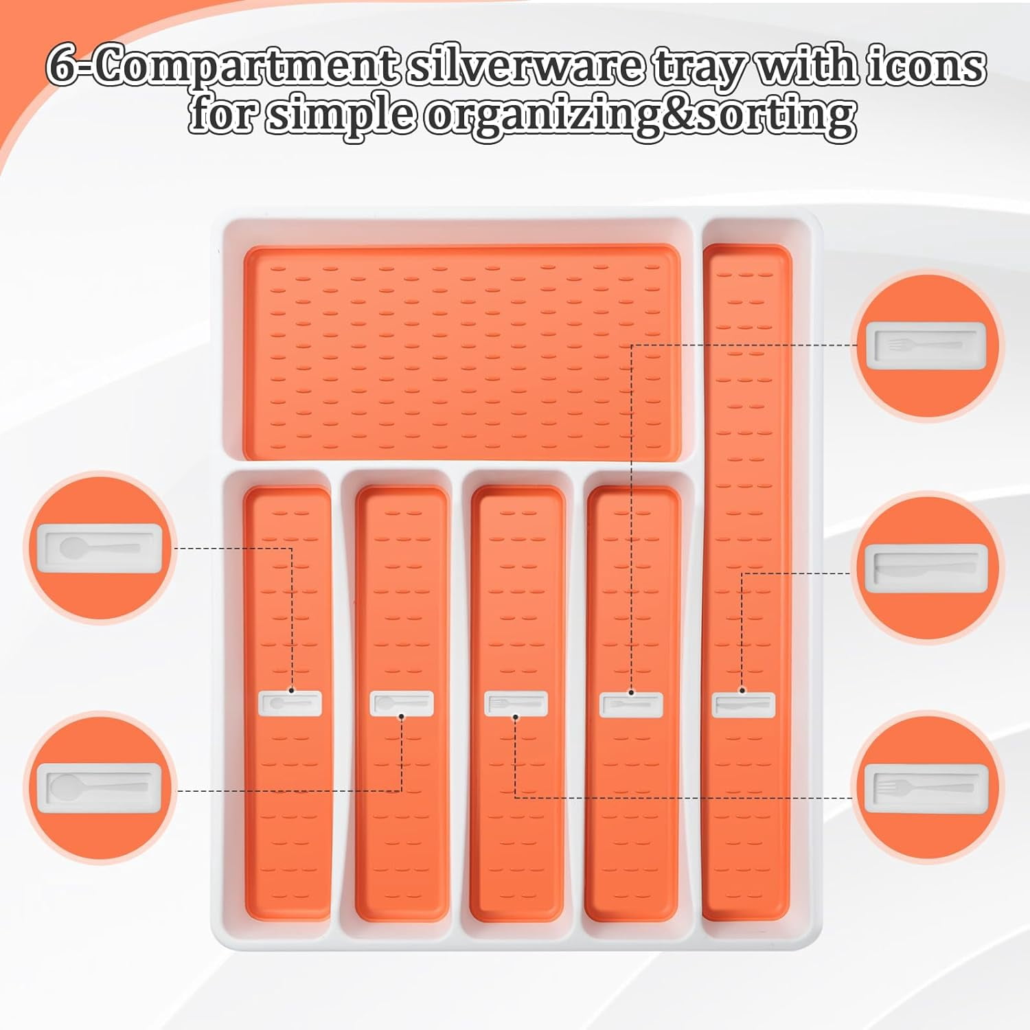 Silverware Organizer with Cutlery Icons，Silverware Tray for Kitchen Drawer，Plastic Flatware Tableware Silverware Drawer Organizer Utensil Organizer with Non-slip TPR Linings，6-Compartment