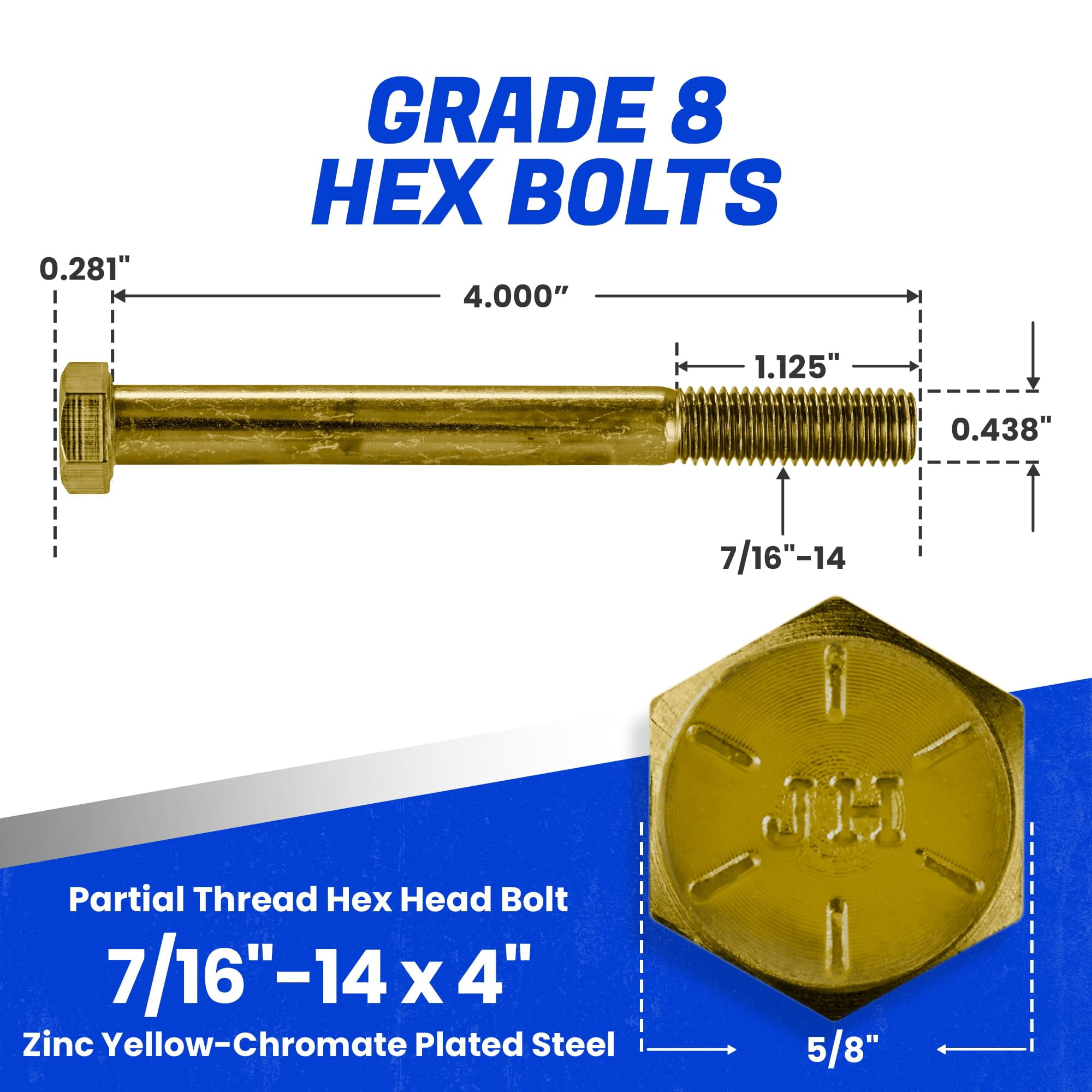 Fastenere 7/16"-14 x 4" Hex Bolts Grade 8 Zinc Yellow-Chromate Plated Steel, Partial Threaded Durable Hex Bolts for Machinery & Construction, Rust-Resistant, Heavy-Duty Fasteners, Pack of 5