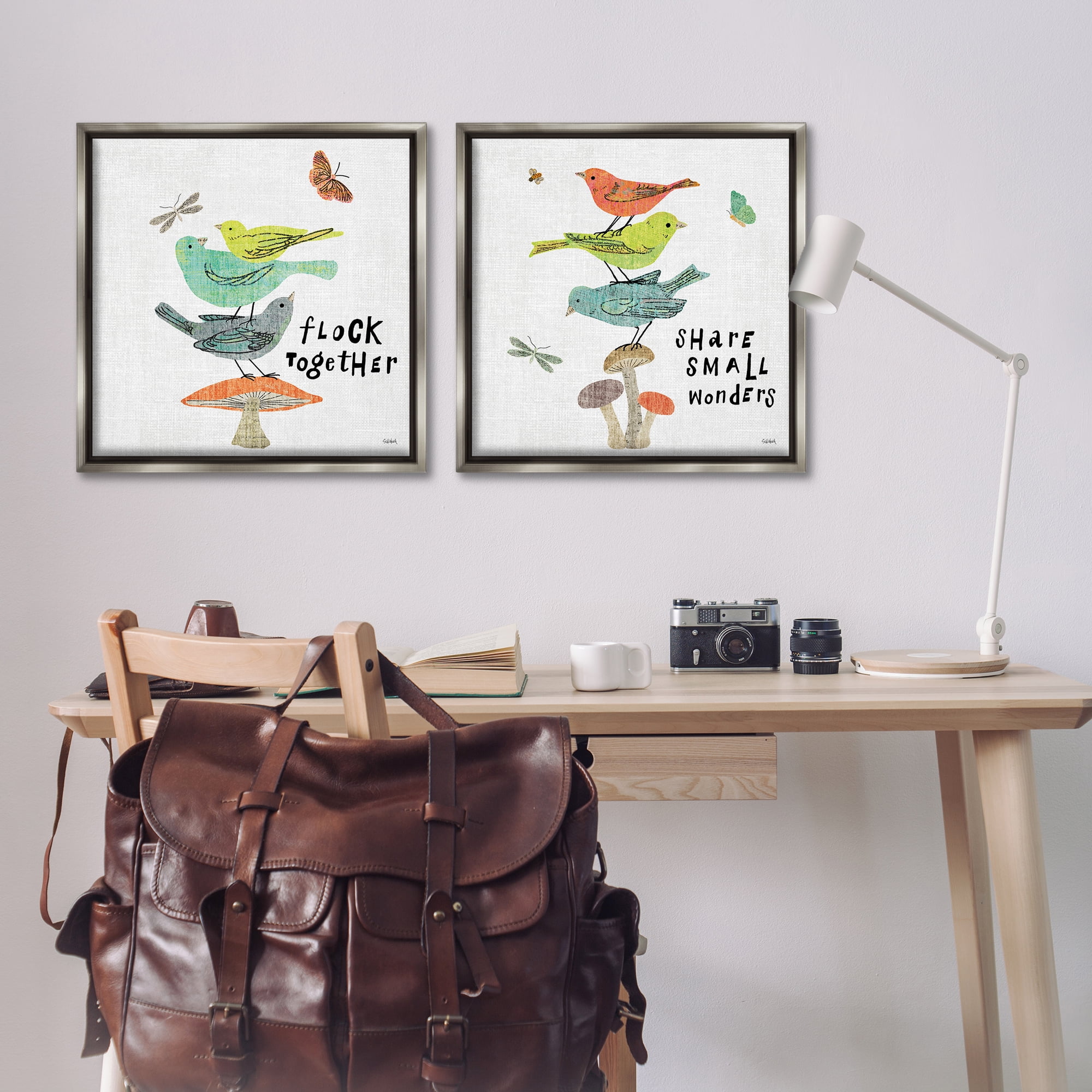 Stupell Industries Flock Together Share Birds Animals Painting Gray Floater Framed Canvas Art Print Wall Art, 25 x 25, Set of 2