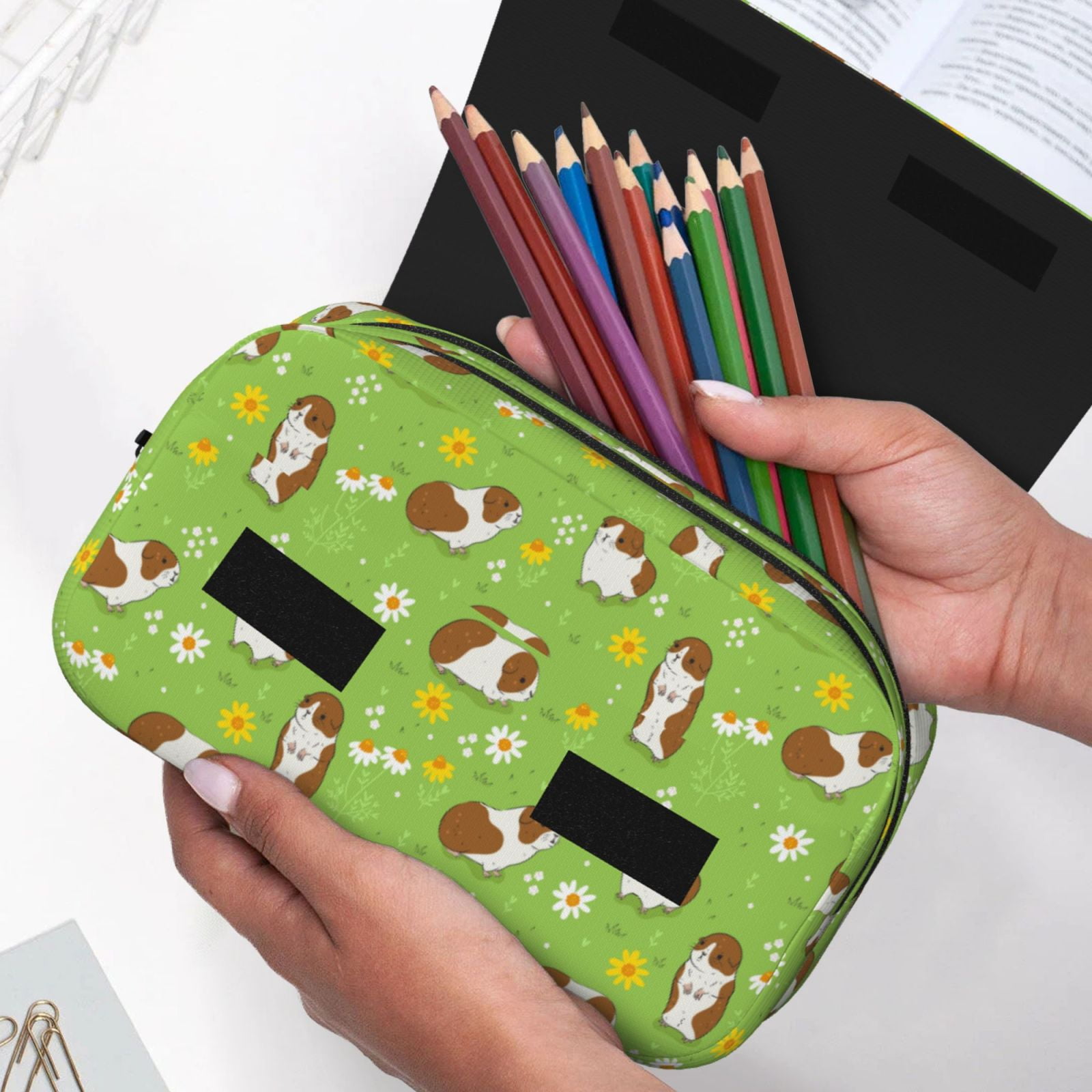 Rateoe Guinea Pigs Pattern Double Clamshell Pen Case, Storage Organizer with Two Zipper Compartments– Holds Up to 50 Pencils & Pens