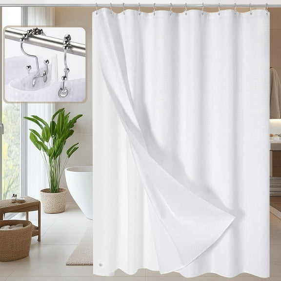 Vorfor Waffle Shower Curtain Set, 3-in-1 White Thick Weighted Fabric Shower Curtain with PEVA Liner & 12 Stainless Steel Double-Sided Hooks, 71 x 71