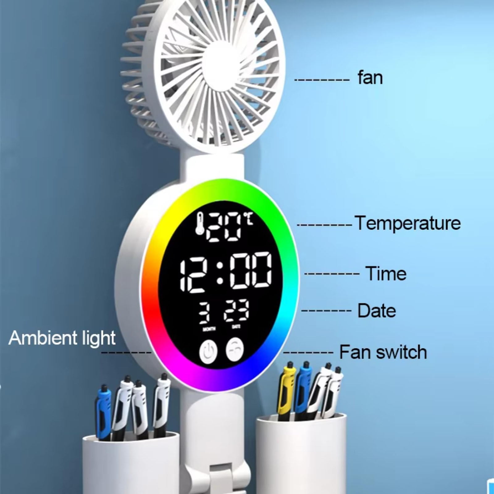 LLDYYDS Rechargeable Table Lamp Study Desk Lamp Reading Light Night Light with Fan Clock Dispaly Reading Desk Light