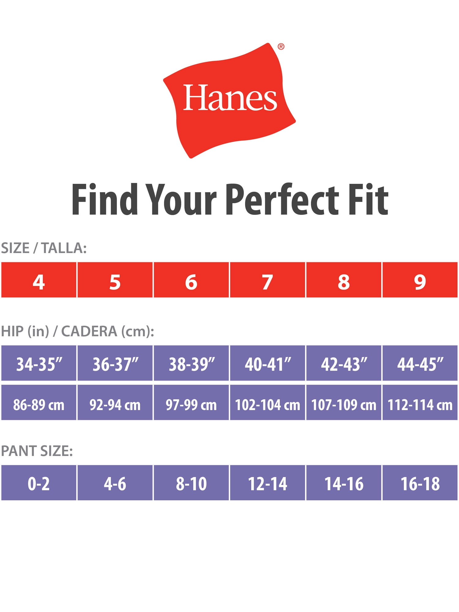 hanes ladies panties size chart