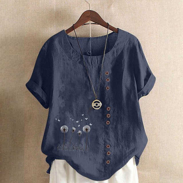 Hauts d'Été pour Femmes DYTTDG T-Shirt Mode Imprimé Grande Taille Col Rond Manches Courtes Blouse Décontractée Ample Hauts pour Femmes Liquidation Moins de 10 Marine,L