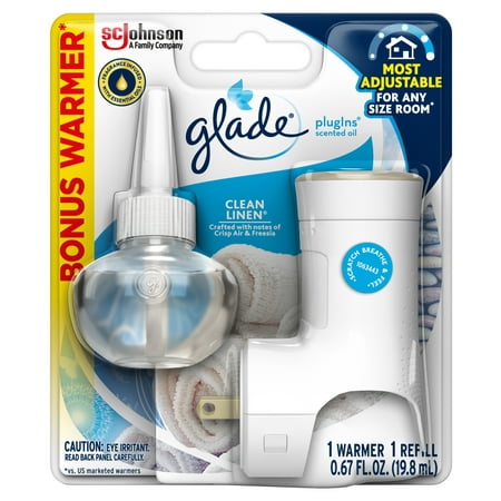 Glade PlugIns Scented Oil Warmer and Clean Linen Refill Starter Kit, Holds Essential Oil Infused Wall Plug In Refill, Up to 50 Days of Continuous Fragrance, 0.64 FL OZ, With 1.34 oz