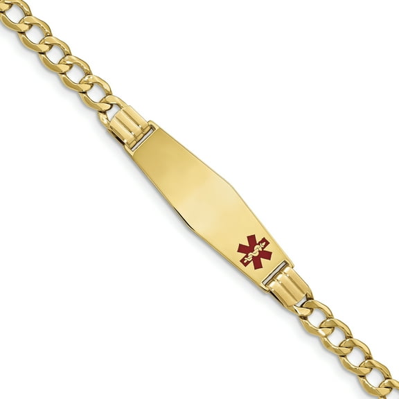 14K Yellow Gold Medical Soft Diamond Shape Red Enamel Curb Link 5.9mm ID Bracelet