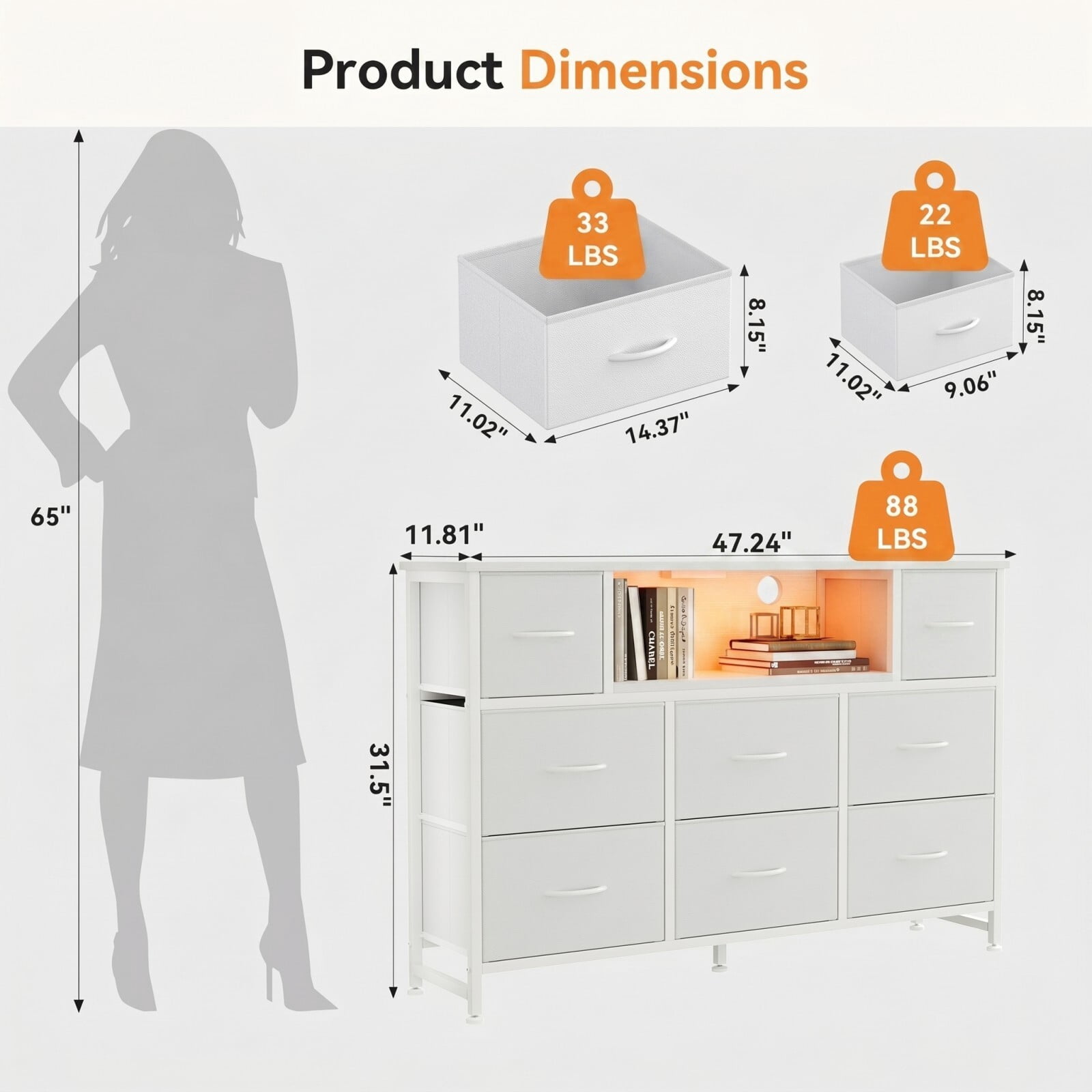 BEAUTYPEAK TV Stand Dresser with 8 Fabric Drawers LED Light Open Shelf AC & USB-C Charging Station, White