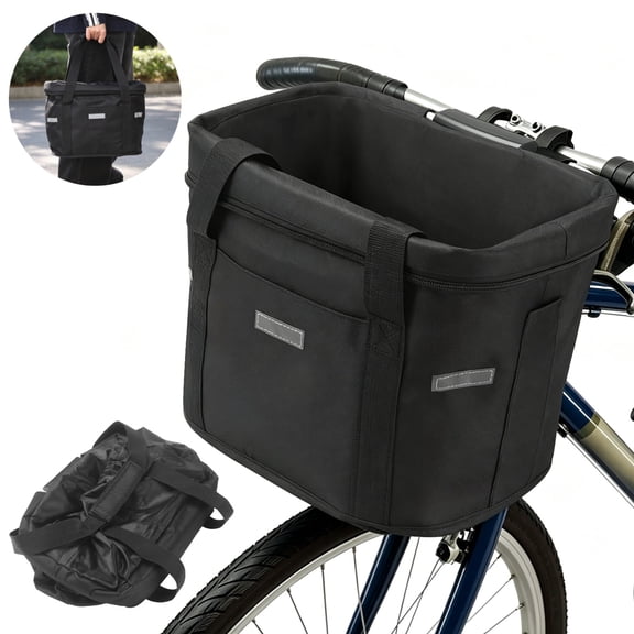 2-in-1 Aluminum Alloy Handlebar Bike Basket, 13.4 x 9.4 x 9.6 in Large Capacity Front Bicycle Basket, Detachable Waterproof Canvas Commuter Bag with Reflective Strip for Mountain Bike, Road Bicycles