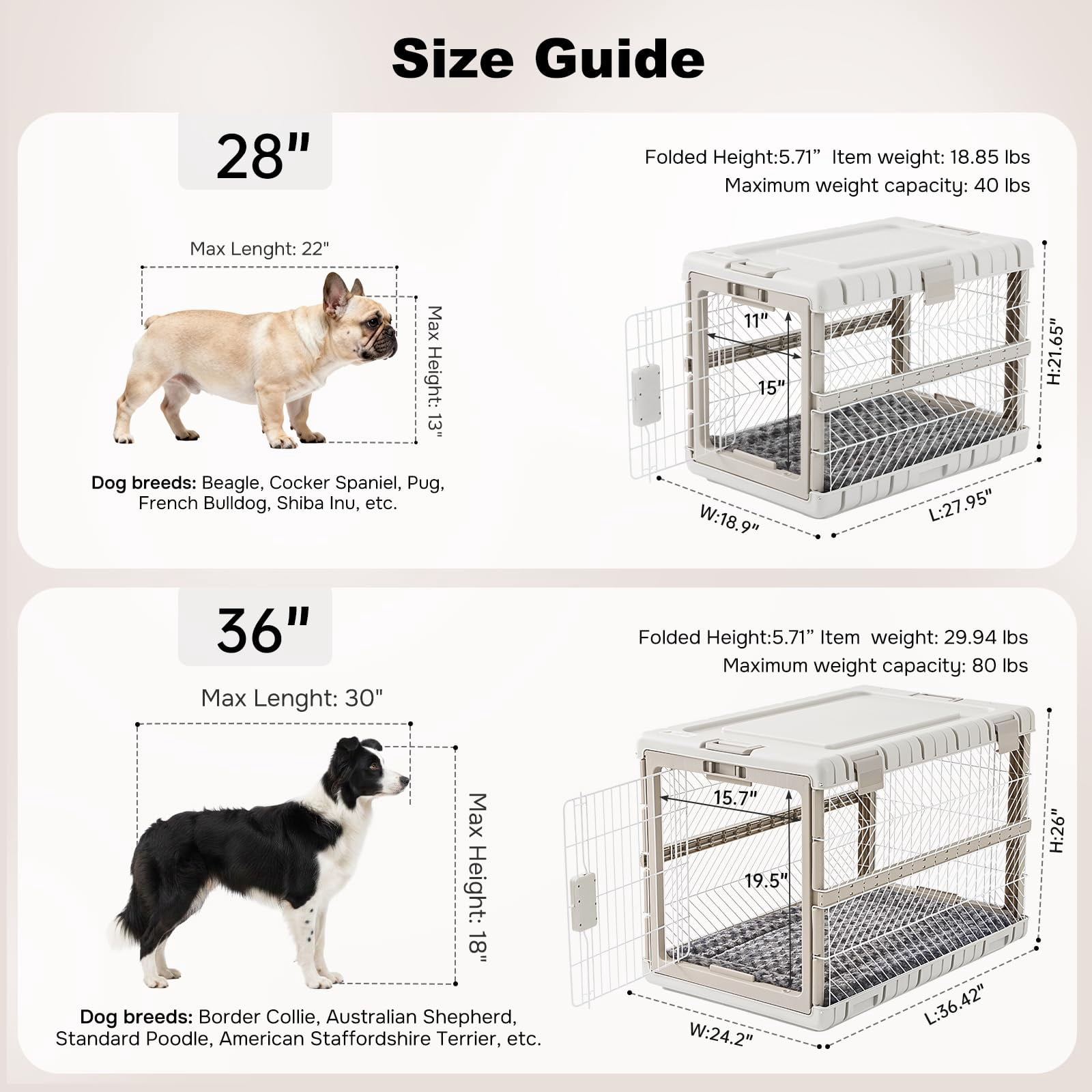 Collapsible Dog Crate With Bed Mat  28'' Foldable Kennel For Medium Dogs Tool-free Portable Cage 2 Rolling Wheels & Handles Pet Carrier Indoor Outdoor