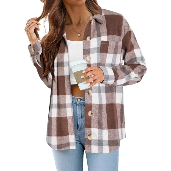Zeagoo Oversized Plaid Flannel Jacket Button Down Long Sleeve Coat Dark Brown M