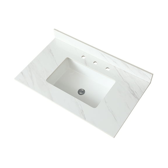 37 Inch Marble Vanity Top, White Vanity Top with 3 Pre-drilled Faucet Holes, Bathroom Vanity Top with Undermount Rectangular Middle Sink and 4" Height Backsplash, The Cabinet are not Included