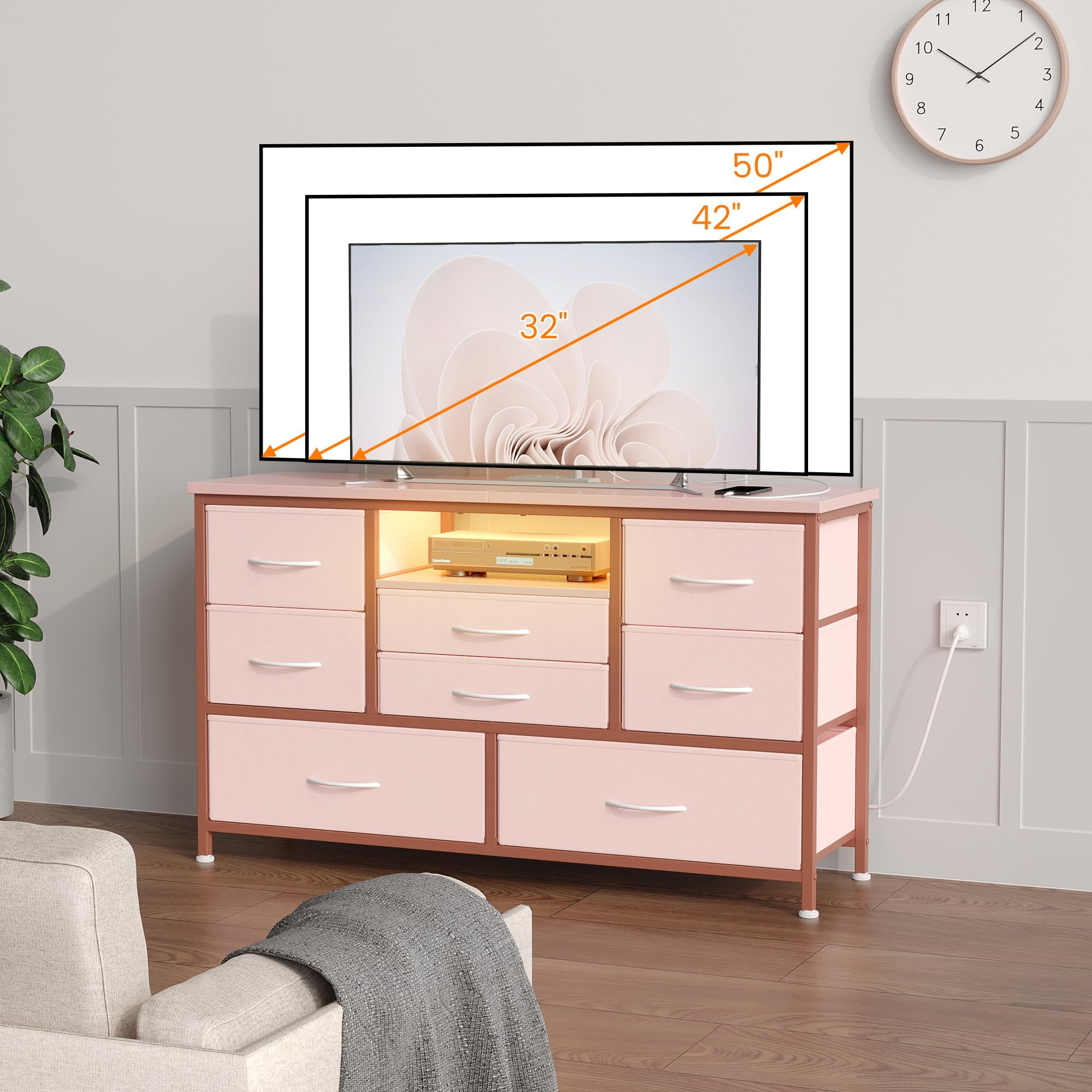 TROPOW Tv Stands for Living Room,8-Drawer Storage Cabinet TV Cabinet for 55-Inch TV Entertainment Center with Adjustable LED Lights, with Electrical Outlets and Cords-Pink