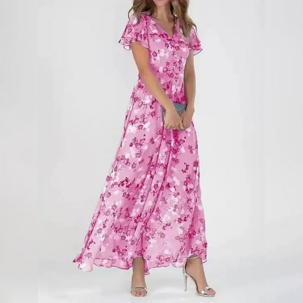 WILLBEST Vestidos de Mujer Vestidos de Mujer Vestido Largo de Gasa Floral Manga Corta Volantes Cuello En V Vestido Fluido de Cintura de Moda Vestidos Chica