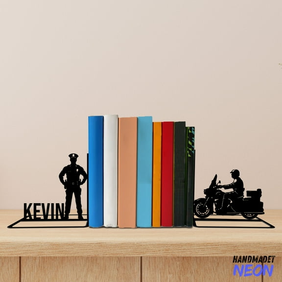 Handmadetneonsign Police Man Metal Bookends, Police Name Bookend, Policeman Table Bookshelf Home Decor 76626
