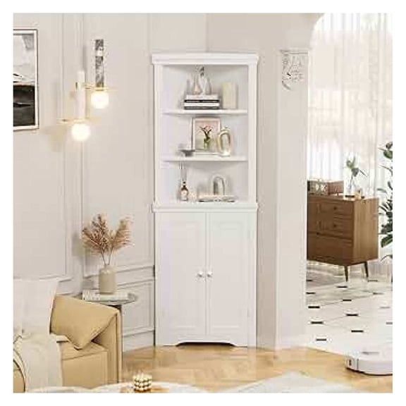 SONGMY Corner Cabinet, Freestanding Corner Shelf with 2 Doors and 3 Shelves, Bathroom Corner Storage Cabinet for Bathroom, Living Room, Bedroom or Kitchen (White)