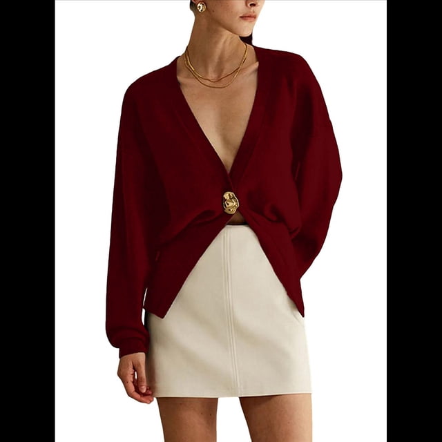Suéter Cárdigan para Mujer, Cuello en V Profundo, Larga, Botones, Tejido A Crochet, Suéteres Cortos de Otoño A Vino Tinto S