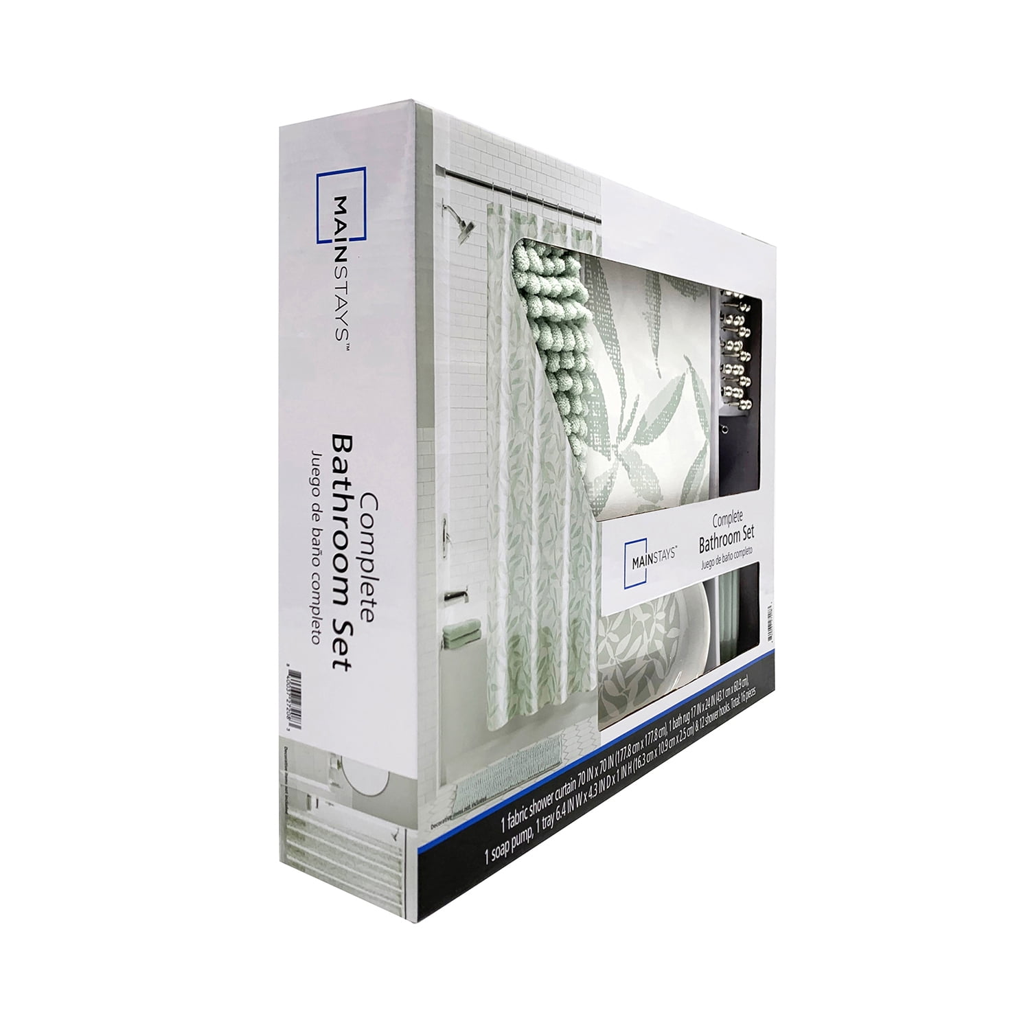 Mainstays 16-Piece Green Leaf Shower Curtain Bathroom Set - Fabric Curtain with Rug, Hooks, Soap Dispenser & Tray