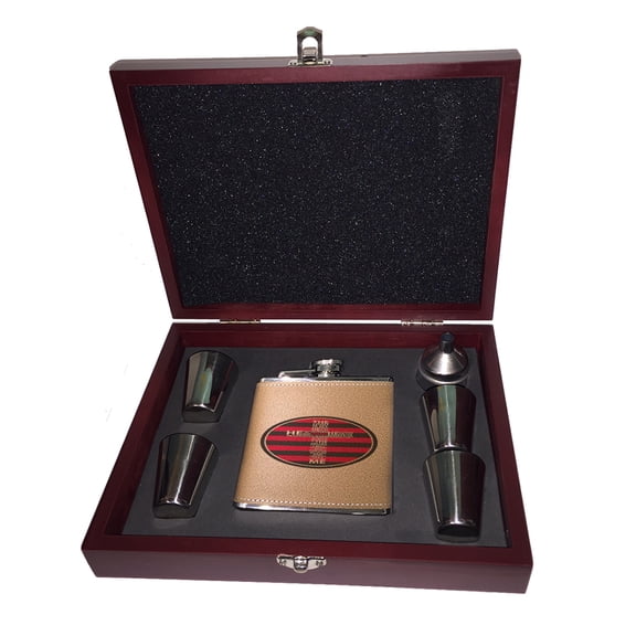 KuzmarK 6 oz. Leather Flask Set in Rose Wood Presentation Box -  Lords Prayer