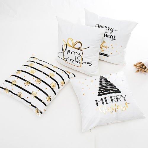 Housses de Coussin de Canapé à Rayures de Noël avec Lettres Dorées et Flocons de Neige Bronzés