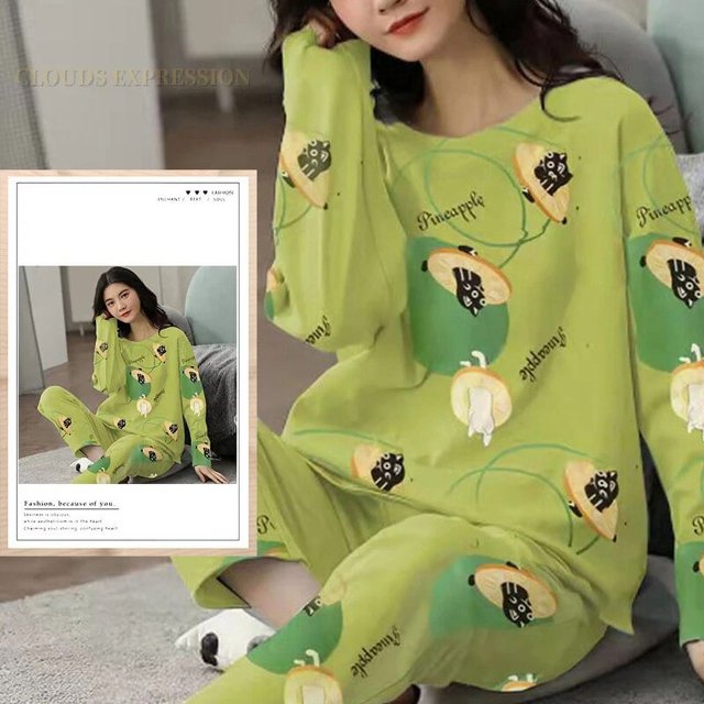 Pijamas de poliéster con lunares para mujer, ropa de dormir de manga larga, conjuntos de ropa para el hogar, ropa de dormir informal de dibujos animados, talla 5XL, primavera y otoño