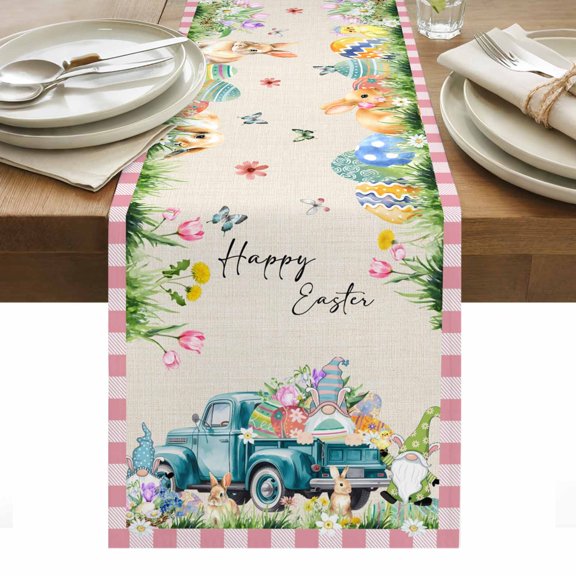 Easter Table Runner - 120 Inch Long, Kitchen Dining Table Runner Dresser Scarves, Pink Plaid Blue Truck Eggs Bunny Retro Art Farmhouse Decor for Coffee Tables Wedding Party Banquet