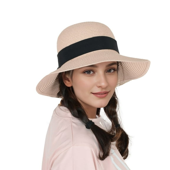 Wide Brim Straw Sun Hat with Black Ribbon Bow Adjustable Chin Strap Inner Sweatband for Outdoor and Travel Use - Pink