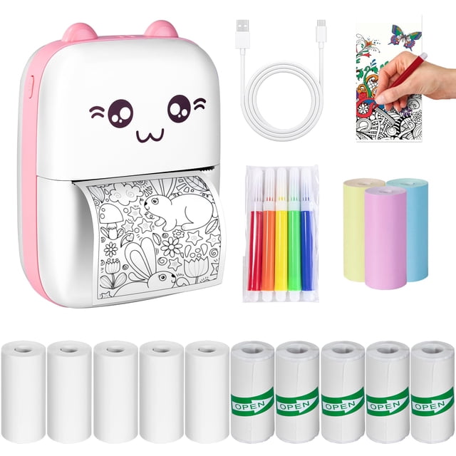 Lostrain Mini Impresora Termica, Impresora Portátil Instantánea con 14 Rollos de Papel,Printer Instantánea Bluetooth sin Tinta para iOS y Android,Ideal para Etiquetas/