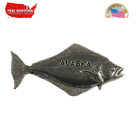 Halibut Pin, Alaska, Pewter, Metal, Hat, Lapel, Brooch, Pins, Jewelry, Made in USA, Over 200 Fish Designs Available. Creative Pewter Designs. A608
