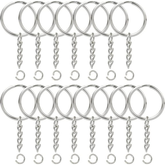 100PCS Split Key Ring with Chain, Nickel Plated Split Key Ring with Chain Silver Color Metal Split Keychain Ring Parts With 1inch /25mm Open Jump Ring and Connector - Make Your Own Key Ring