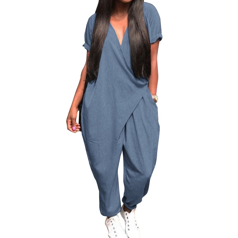 v neck denim overalls
