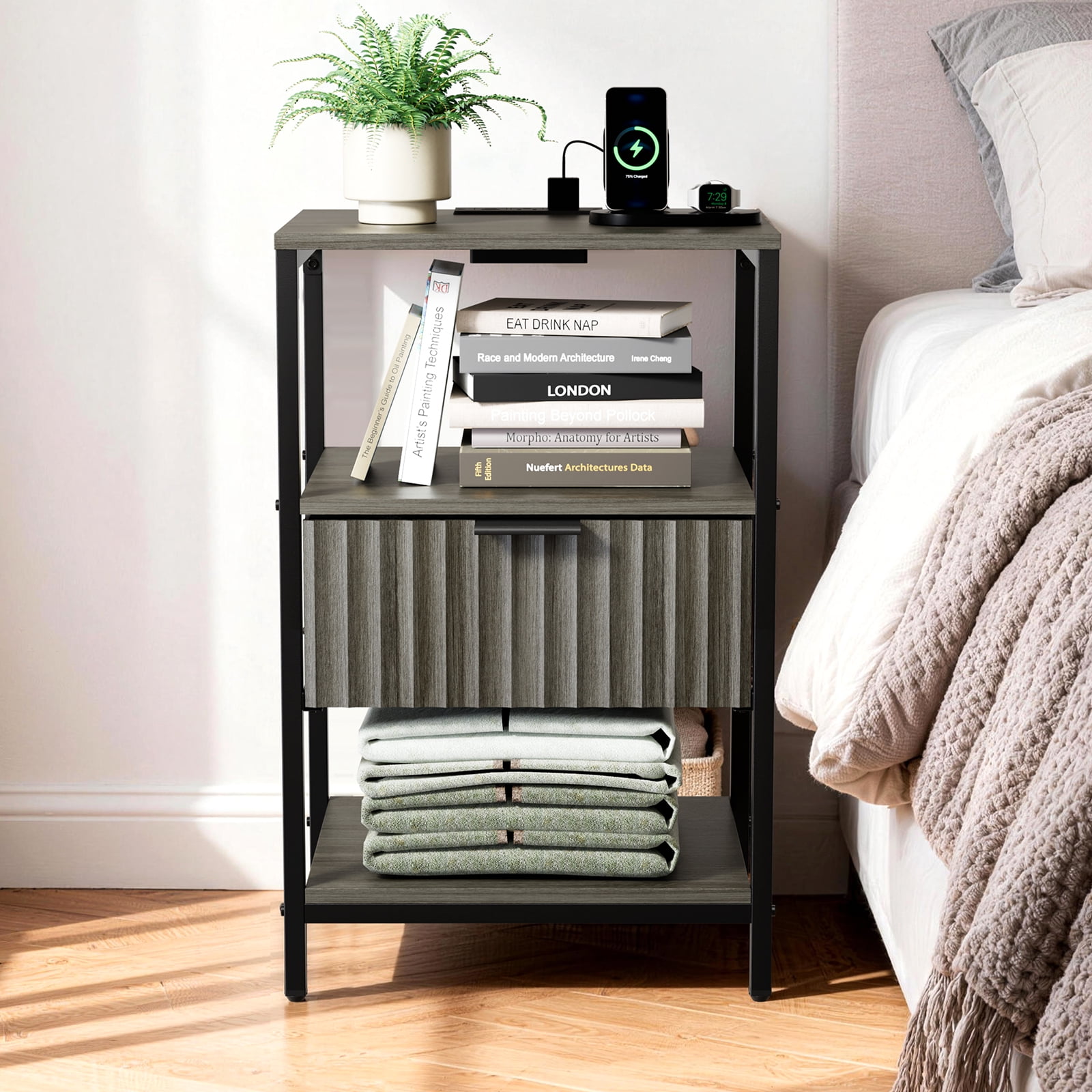 Ktaxon Fluted Nightstand with Charging Station End Table with Drawers Bedside Table Furniture for Bedroom, Living Room, Gray