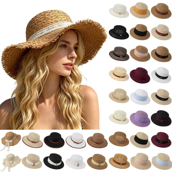 Roiihwy Summer Sun Beach Hats for Women, Wide Brim Straw Hats with Ruffled Bowknot, Khaki, Foldable Woven Sun Hat UV Protection on Clearence