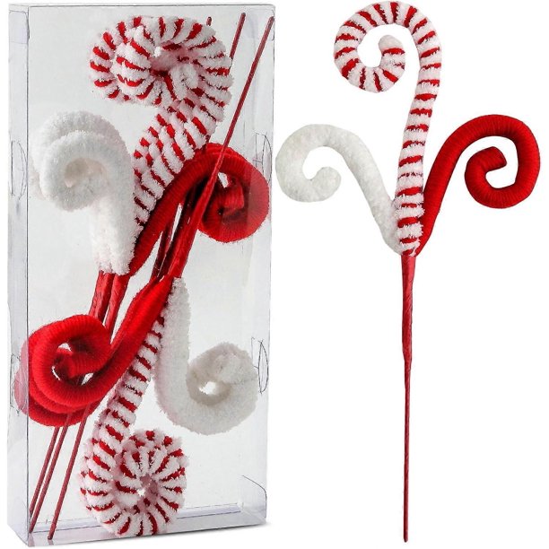 Juego de 6 palitos decorativos para árbol de Navidad en rojo y blanco, palitos rizados de lana para árbol de Navidad, adornos para árbol de Navidad, jarrones para el hogar, la oficina, fiestas.