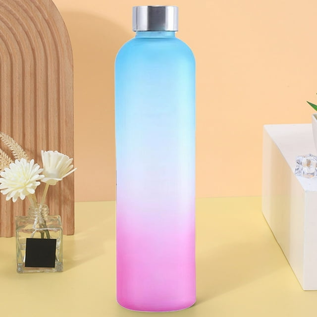 1000ML Gradient Sports Water Bottle, Large Capacity Frosted Plastic Cup, Stainless Steel Lid Portable Mug, Gym Hiking Hydration Container, Leakproof Outdoor Drinkware
