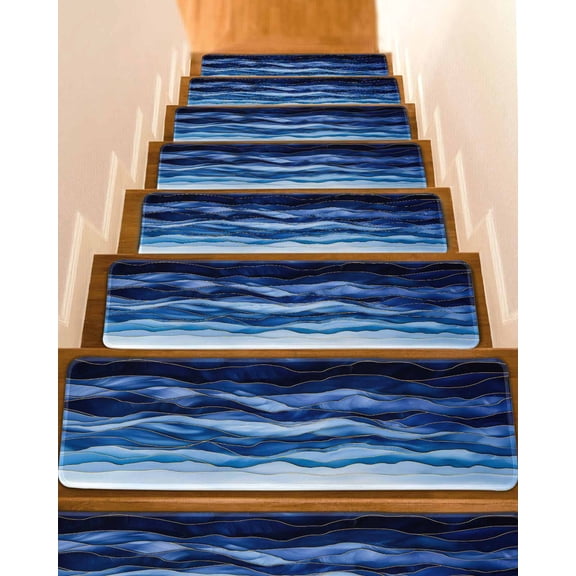 Stair Treads for Wooden Steps, Navy Blue Ombre Peel and Stick Stair Treads with Adhesive, Modern Moire Abstract Art Luxury Non Slip Indoor Stairs Runner Rugs Mats for Elders Dogs 8"x30" 15PCS