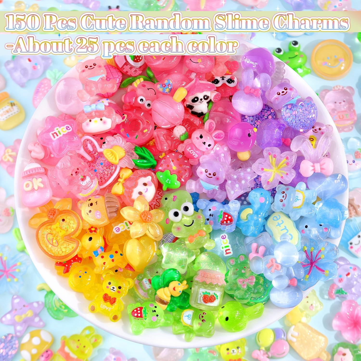 150Pcs 6 Mixed Colors Slime Charms Assorted Cute Jelly Embellishments, Random Bulk Flatback Resin Ornament Bear Star Kawaii Slime Accessories for Phone Junk Case, Scrapbooking Crafting & DIY Decor