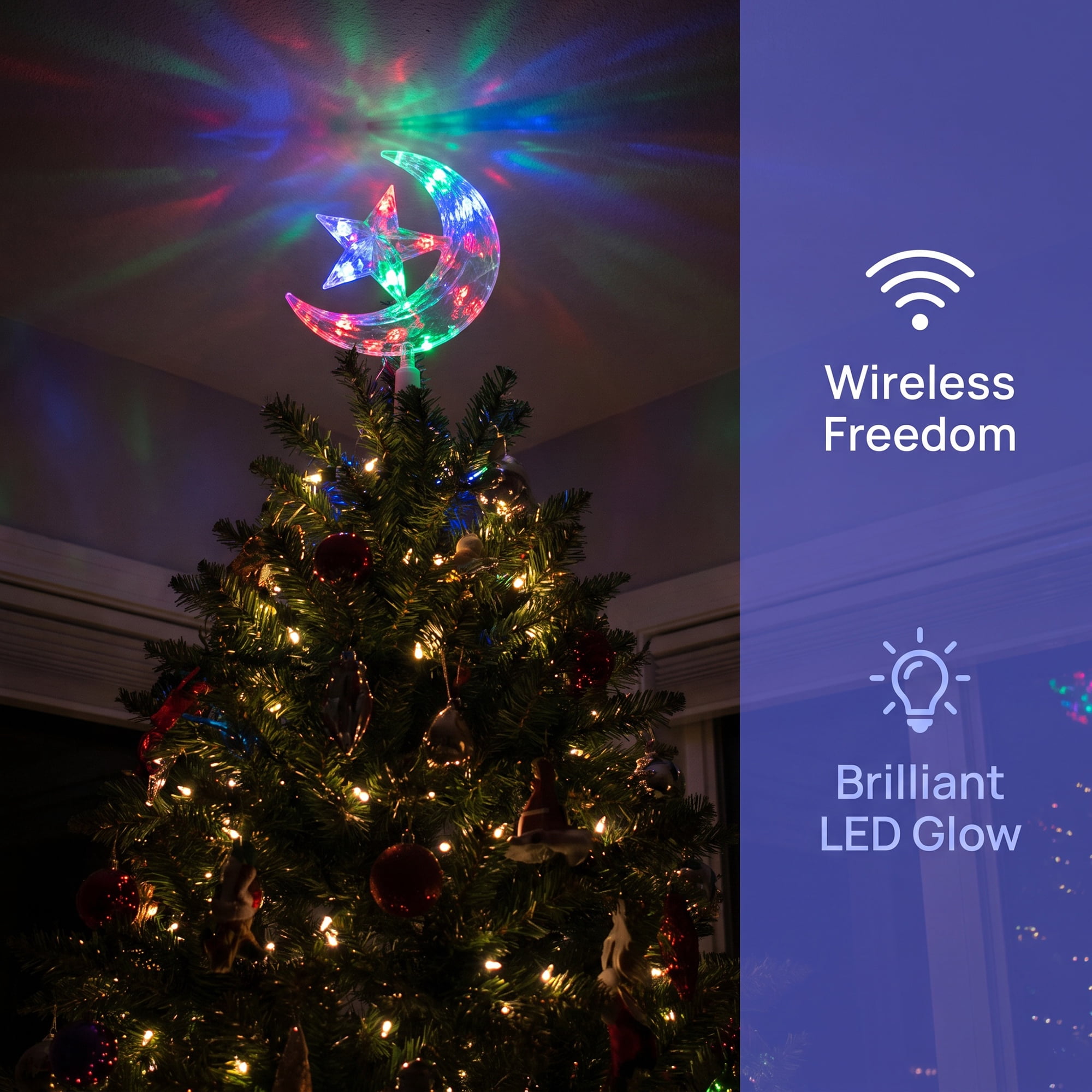 Unique Bargains Tree Finial Battery Operated Spring Mount Star Moon Multicolor Lights 7.9"