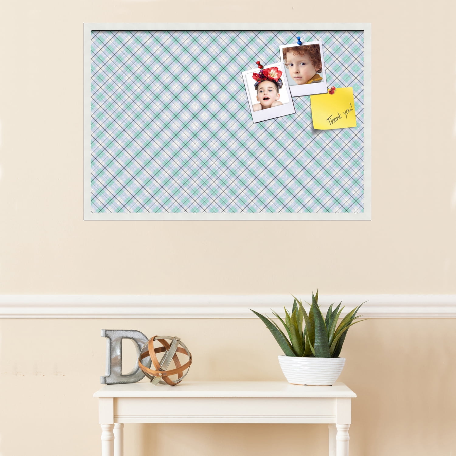 PinPix ArtToFrames 34x22 Custom Cork Bulletin Board Argyle Purple - Green   Poster Board Has a Fabric Style Canvas Finish, Framed in Satin White Frame (PinPix-640)