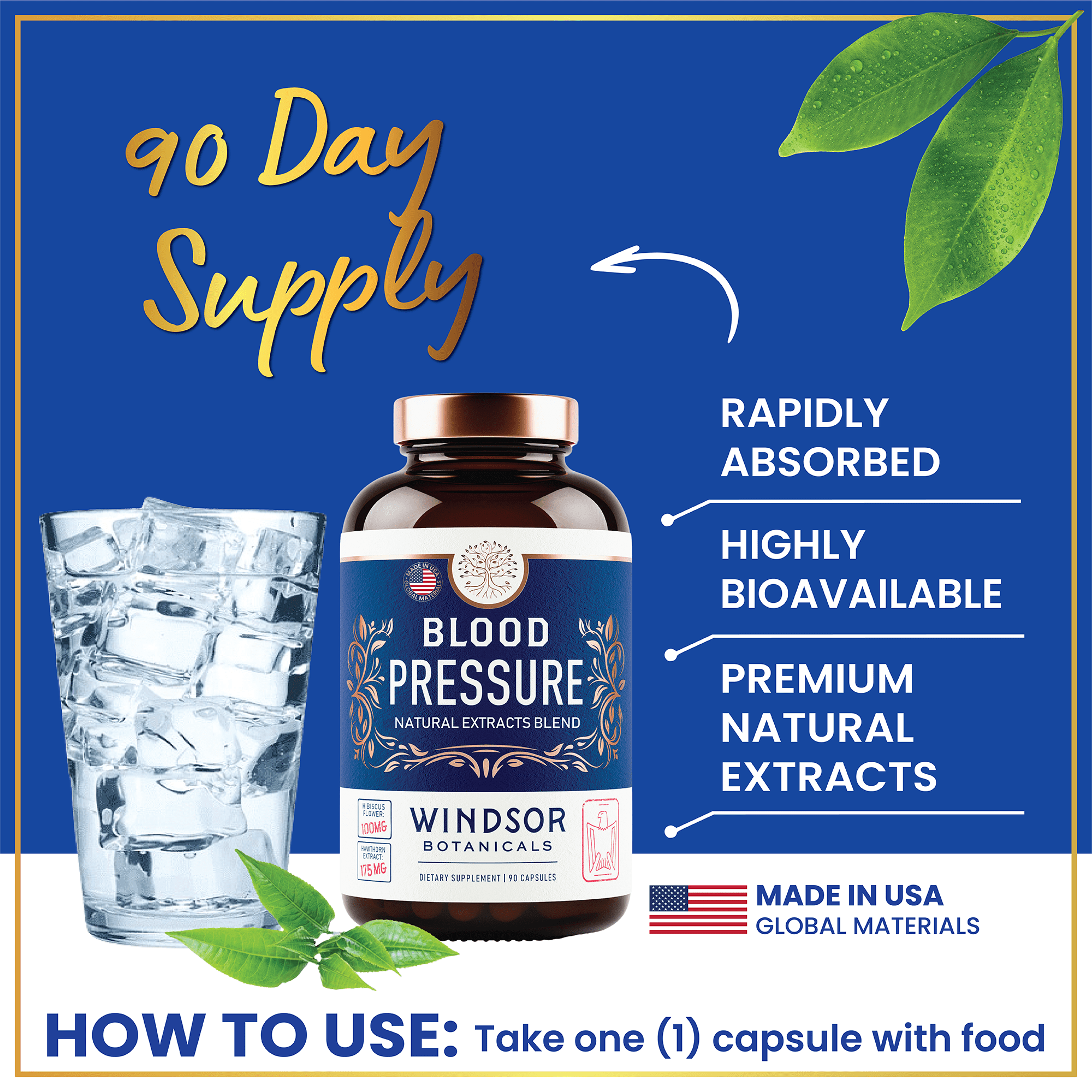 Blood Pressure Support Supplement - Green Tea, Hibiscus, Hawthorn, Garlic - Blood Pressure Vitamin, Mineral and Activated Naturals - 3 Month Supply, 90 Capsules