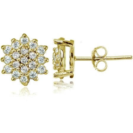 Sterling Floral Earrings - CZ Yellow Gold Flashed Sterling Silver Floral Stud Earrings